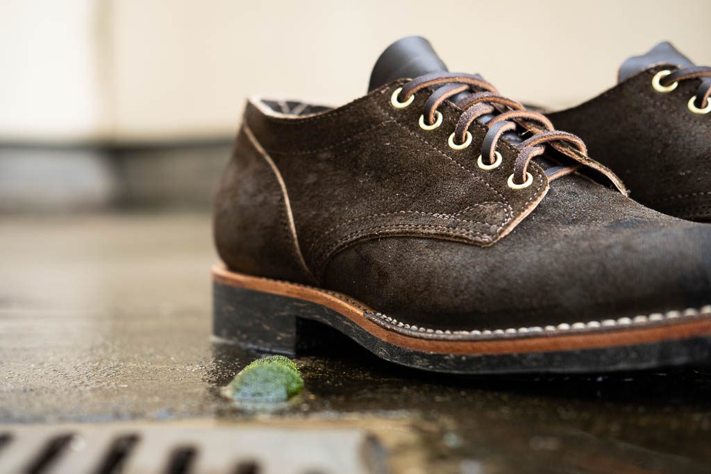 Viberg for Withered Fig 145 Oxford Mushroom Chamois Roughout with Dr Sole Raw Cord