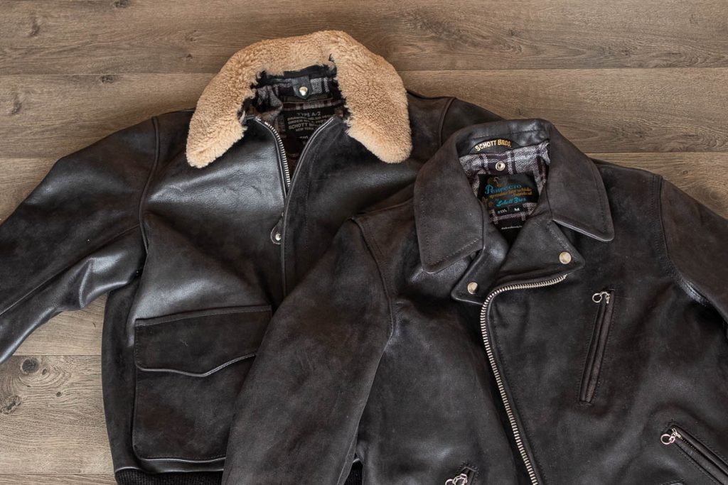 photo of schott for 3sixteen a-2 flight jacket and perfecto jacket