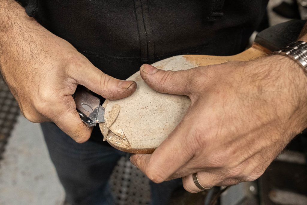 shaving off a portion of the leather sole on the viberg crust horsebutt 145 oxford