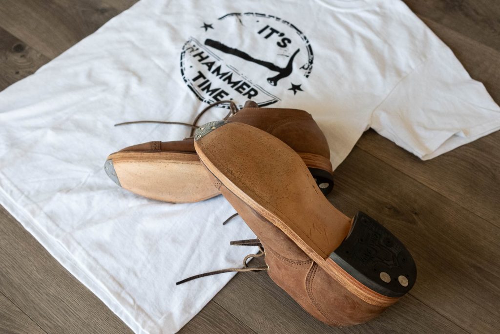 bedo's leatherworks "hammer time" t-shirt and viberg for withered fig crust horsebutt 145 oxfords