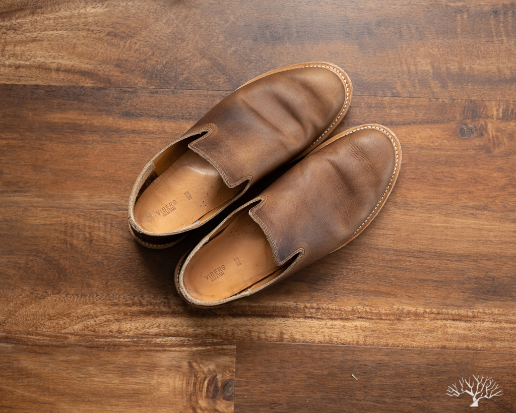 Viberg Camel Oiled Calf Slippers with Leather Sole