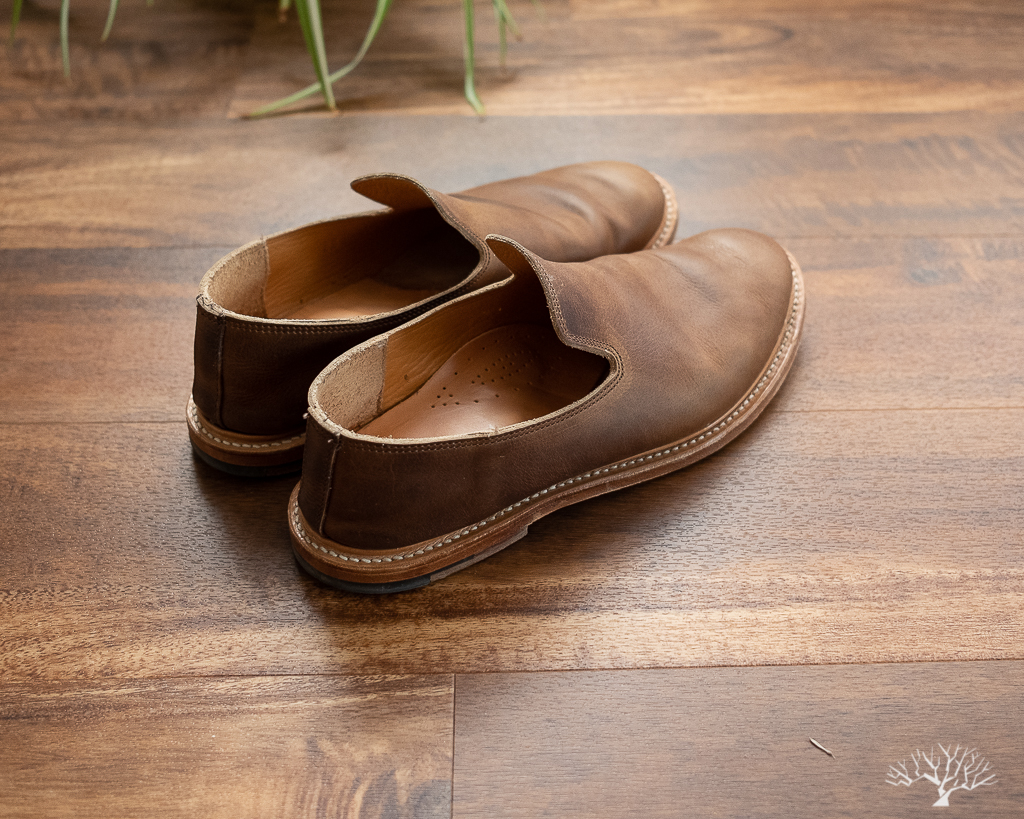 Viberg Camel Oiled Calf Slippers with Leather Sole
