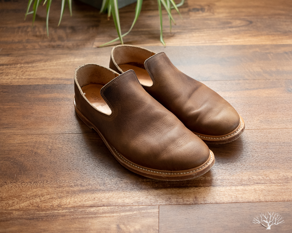 Viberg Camel Oiled Calf Slippers with Leather Sole