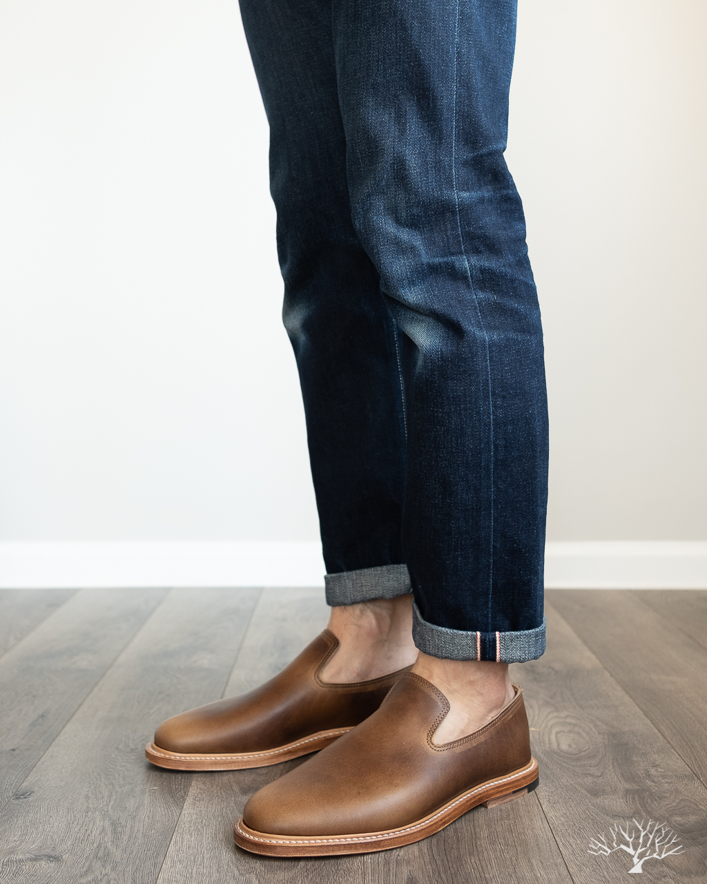 viberg camel oiled calf slippers styled with railcar denim