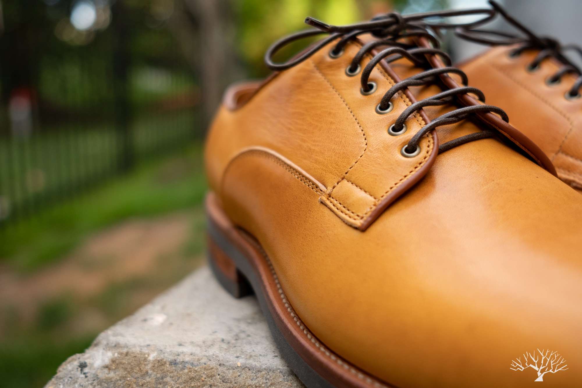 Viberg Derby Shoe Shinki Camel Latigo Horsehide on Lactae Hevea Sole