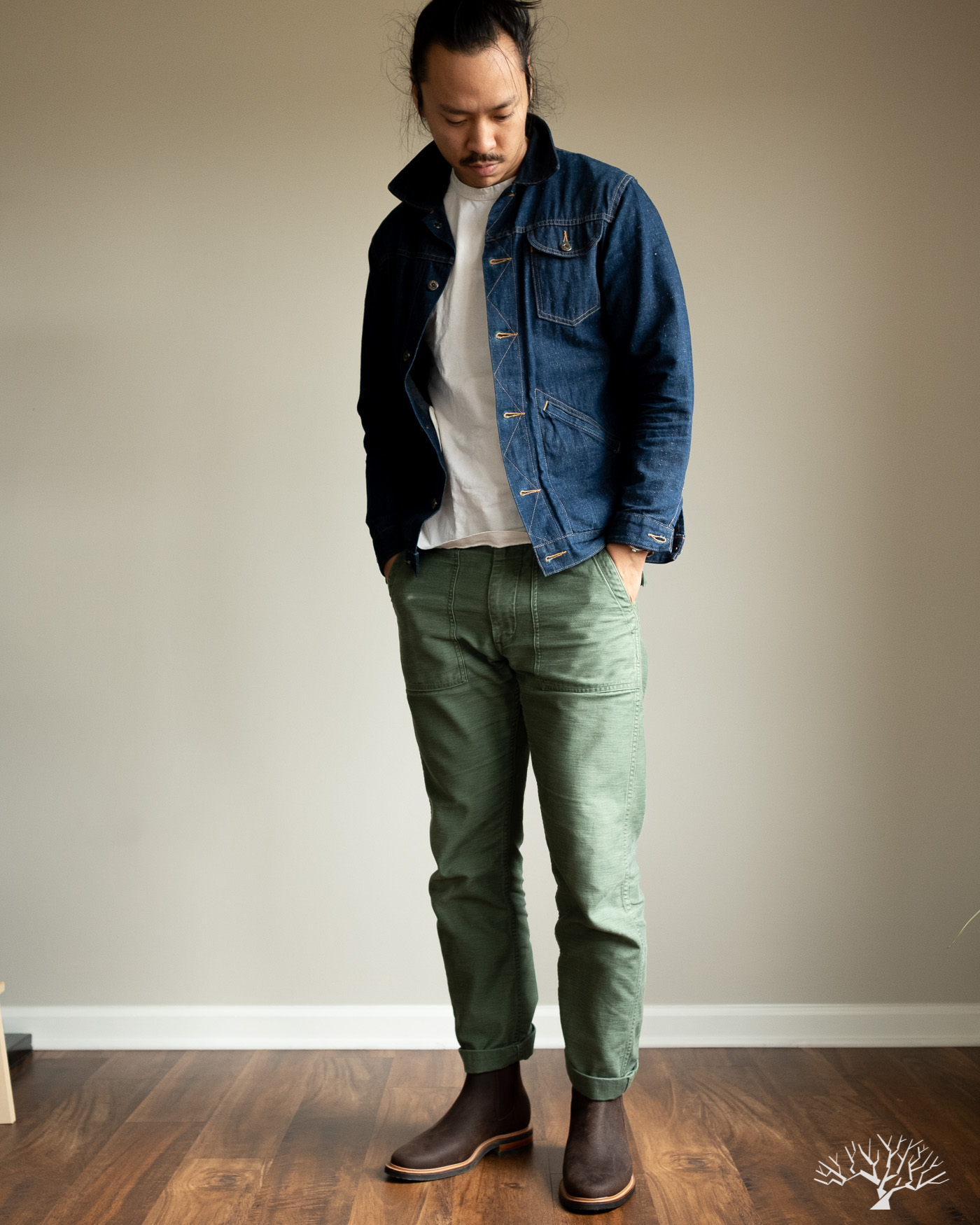 orslow slim fit fatigue pants with 3sixteen ranch jacket model fit