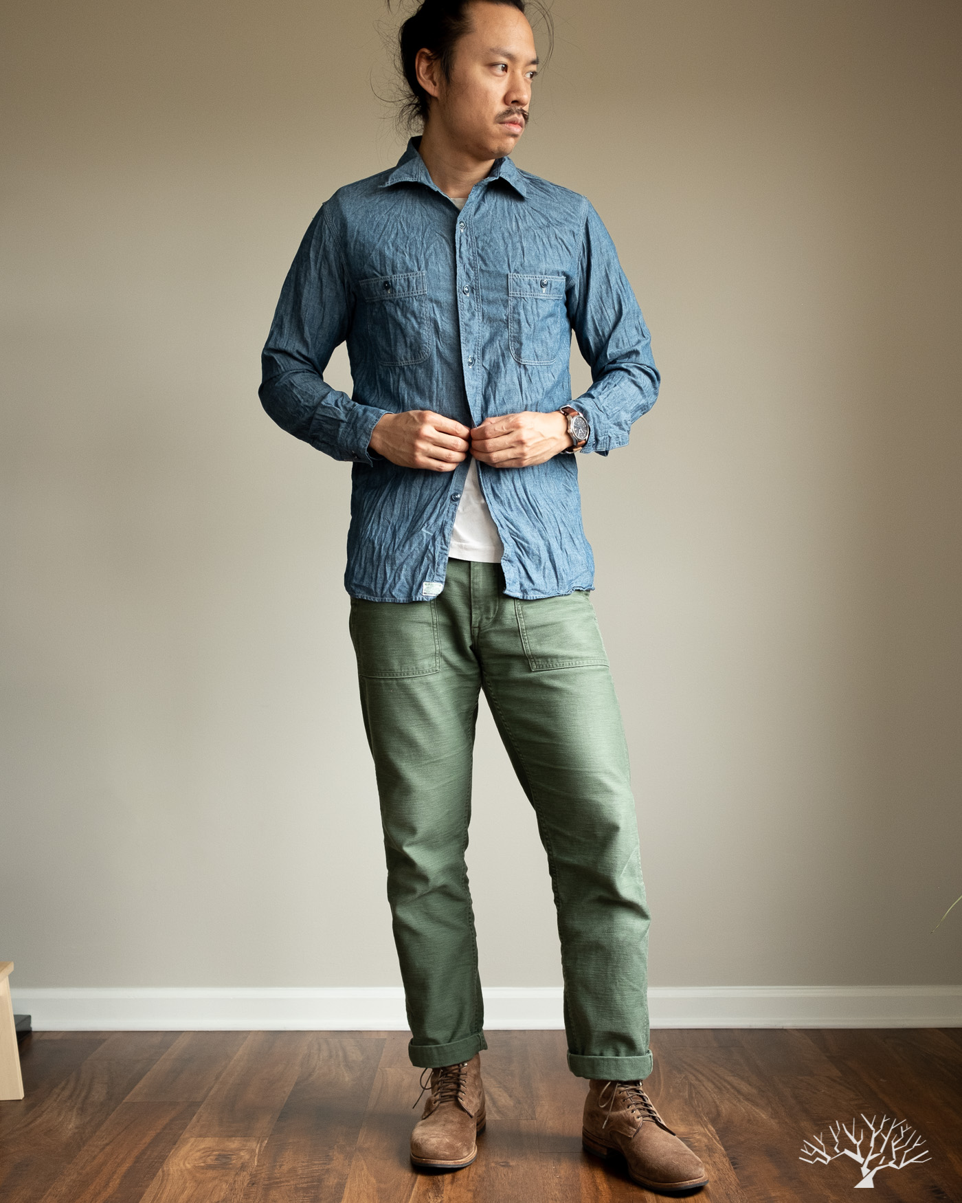 orslow fatigue pants with orslow blue chambray work shirt