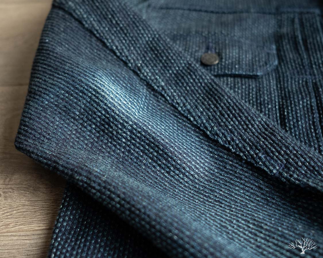 Pure Blue Japan Sashiko Jacket Type II Close-up of Sashiko Fabric and Elbow Fades