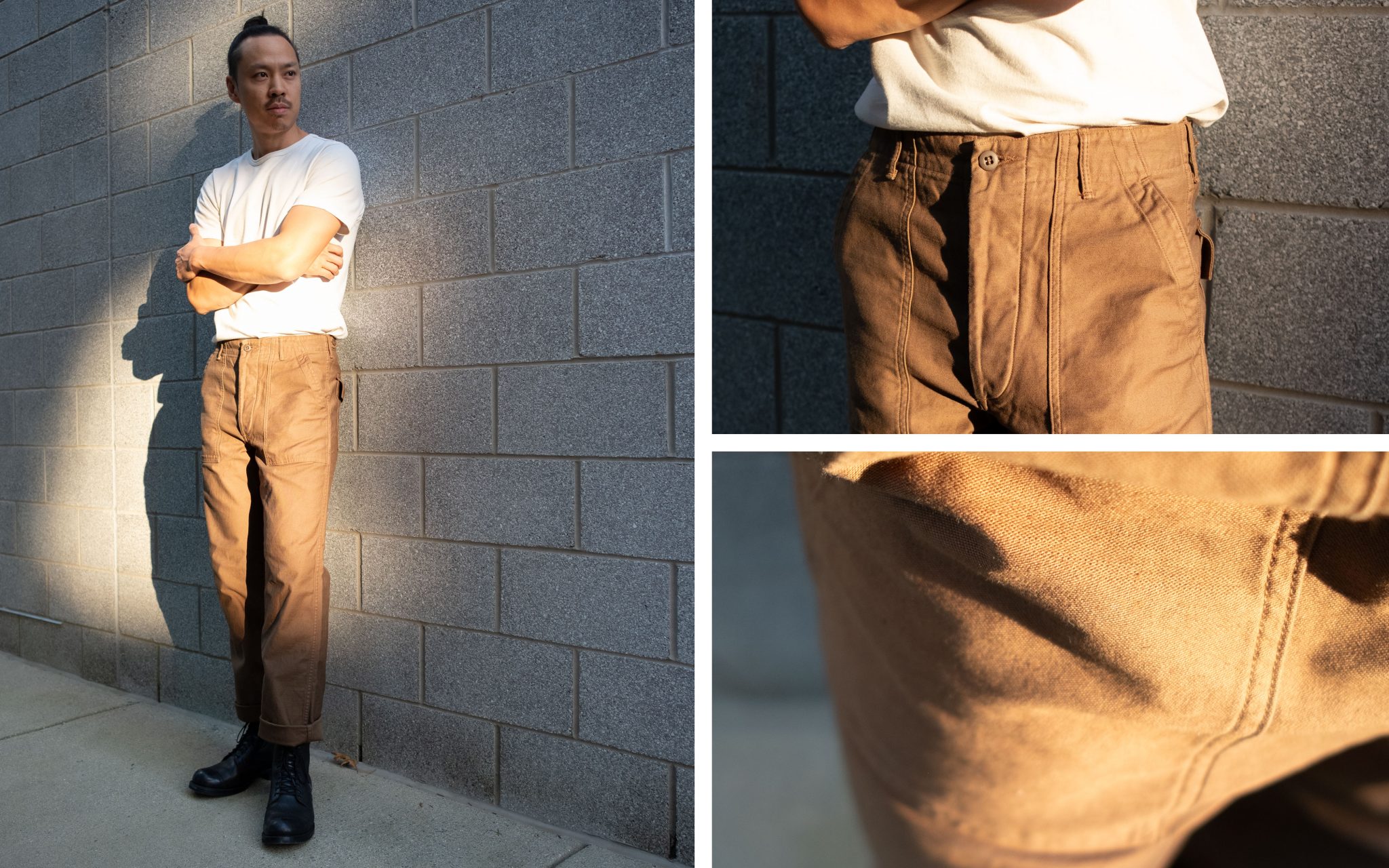 orSlow Brown Fatigue Pants in Direct Sunlight